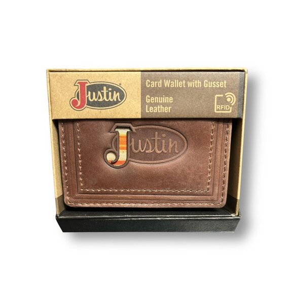 Justin Card Wallet Brown Genuine Leather RFID Slim Gusseted Logo Embossed West - Picture 2 of 6